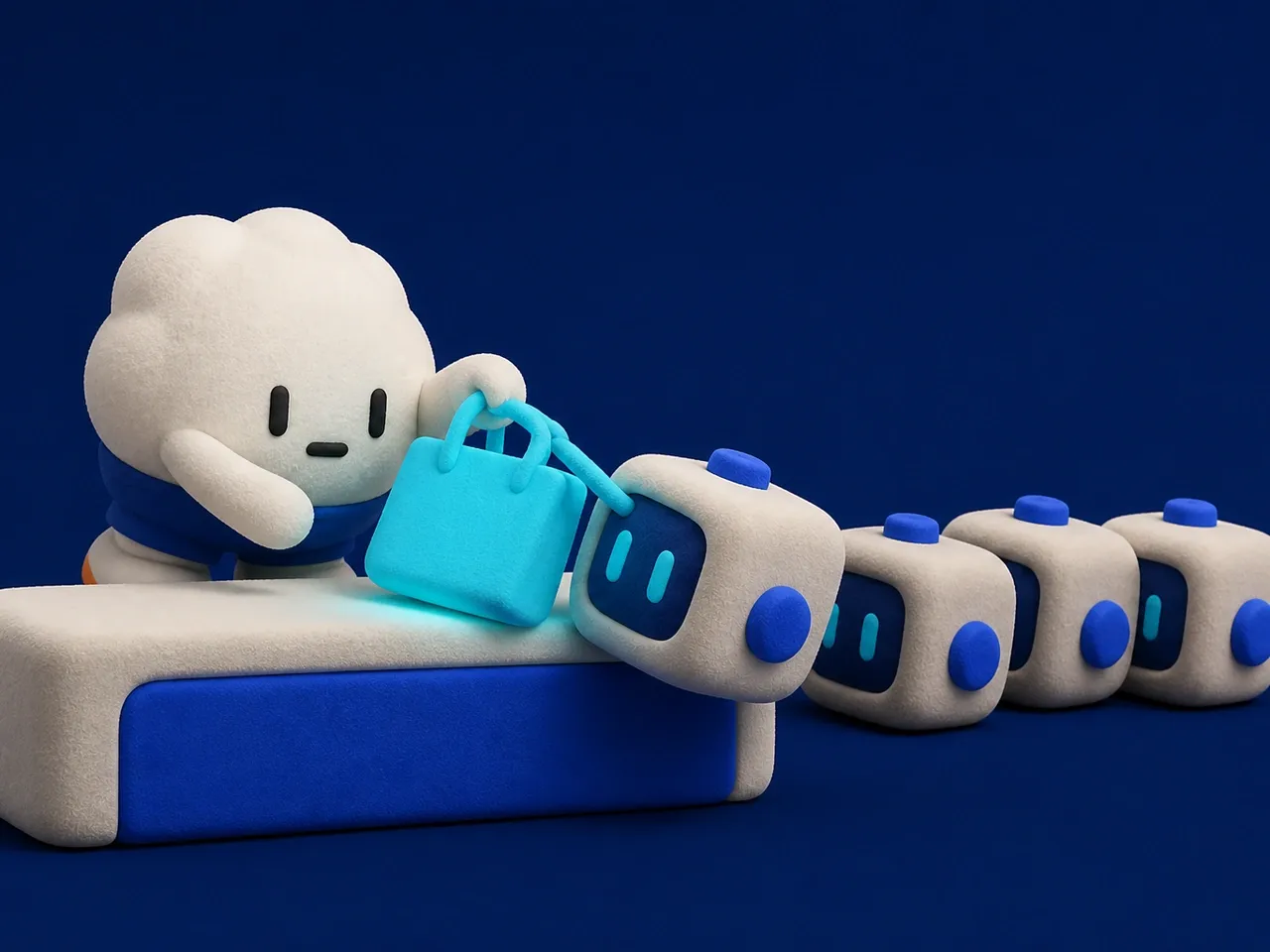 Pilly si sporge dal bancone di un negozio e passa un sacchetto al primo di una fila di piccoli robot in attesa.