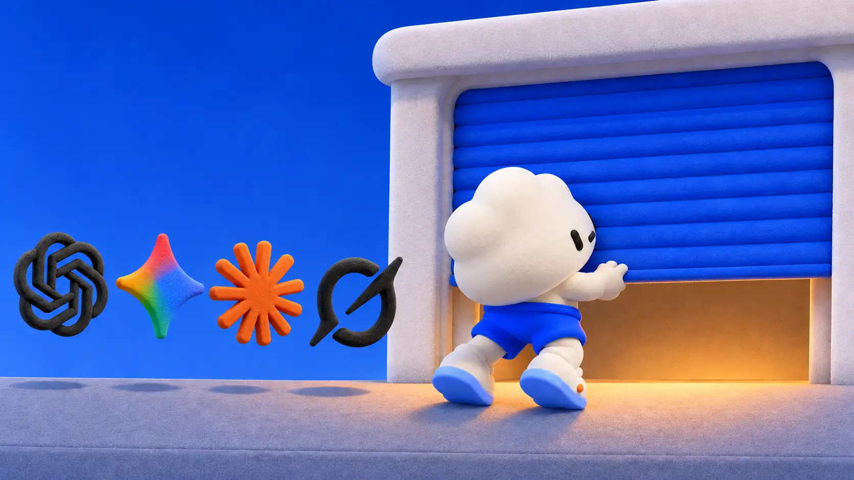 Pilly lifting a shutter door to let the AI logos in