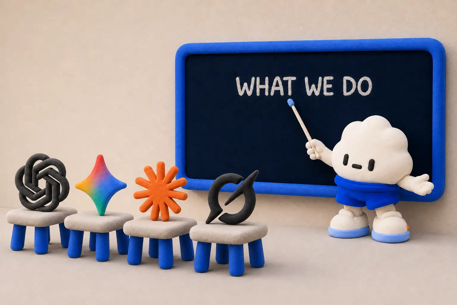 Pilly at a blackboard reading "What we do", teaching a class of AI logos