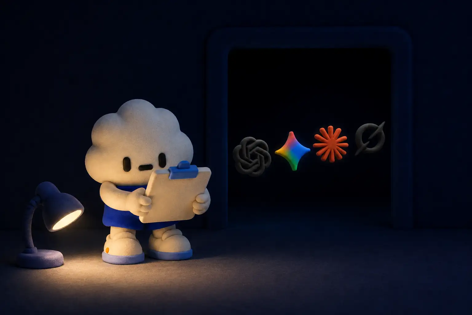 Pilly taking notes by lamplight while AI logos pass by in the dark