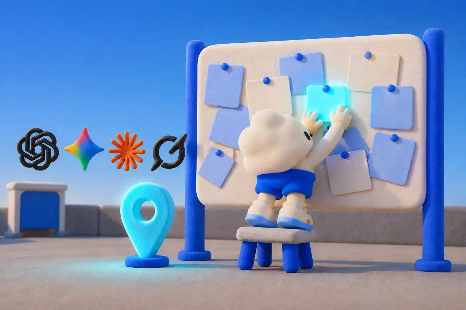Pilly on a stool pinning a glowing card onto a noticeboard of listings, beside a map pin and the four AI marks